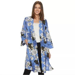 Jennifer Lopez Floral Open-Front Kimono Long Sleeve Pockets Blue Size XS